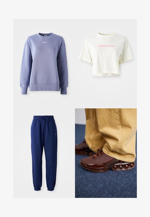 Lys lilla, crew-neck sweatshirt laget av mykt stoff; har ribbede mansjetter og kant med en liten hvit Nike-logo på brystet.; Beskåret kremfarget t-skjorte laget av bomull. Har en rosa brodert logo med teksten "Nike Sportswear." Korte ermer og rund hals.; Mørkeblå joggebukser laget av mykt stoff, med elastisk linning med snøring, elastiske mansjetter og en liten hvit logo.; Brune joggesko med en teksturert overflate, blanke detaljer og runde bobleelementer på sålen, kombinert med lysegule bukser.