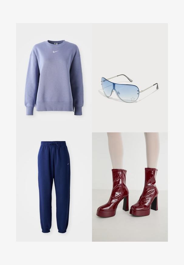 Lys lilla, crew-neck sweatshirt laget av mykt stoff; har ribbede mansjetter og kant med en liten hvit Nike-logo på brystet.; Mørkeblå joggebukser laget av mykt stoff, med elastisk linning med snøring, elastiske mansjetter og en liten hvit logo.; Burgunder patent lær ankle boots med en høj blokhæle, lynlås lukning og bølge-lignende design foran. Glat, blank tekstur.; Pilotbriller med gradient blå linse, sølvfarget metallramme og dekorative stjerneaksenter på linsen. Glatt og stilren design.