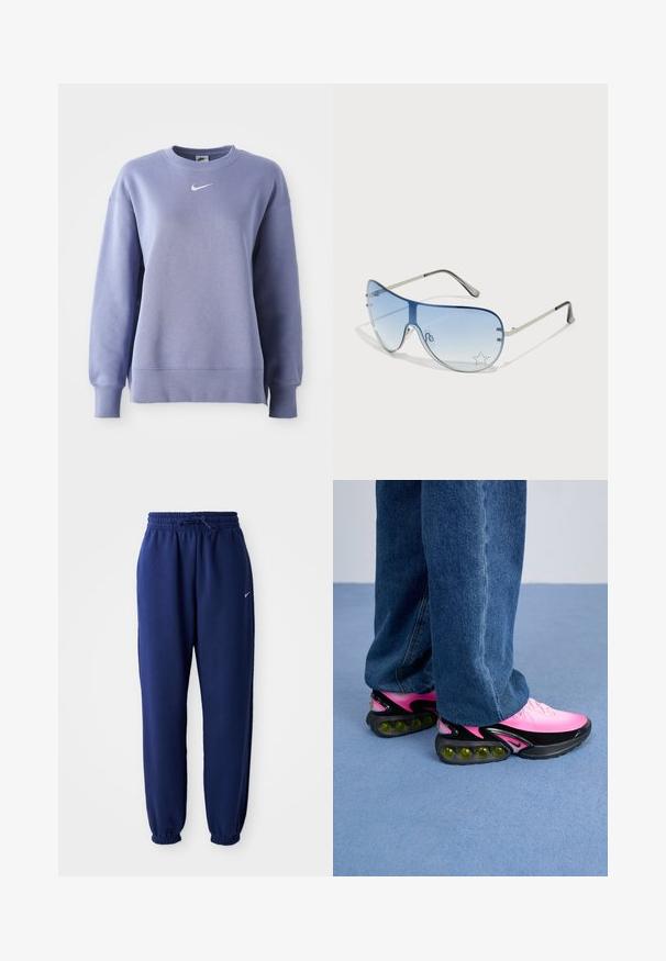 Sweatshirt de gola redonda em lilás claro, feito de tecido suave; tem punhos e bainha canelados com um pequeno logótipo branco da Nike no peito.; Calças de fato de treino azul marinho feitas de um tecido suave, com uma cintura elástica com cordão, punhos elásticos e um pequeno logótipo branco.; Tênis esportivos com um upper em gradiente rosa, detalhes pretos e uma sola robusta com bolhas de amortecimento verdes visíveis. Usados com calças de denim azul.; Óculos de sol aviador com lentes azuis em degradê, armação metálica prateada e detalhes decorativos de estrelas nas lentes. Design suave e elegante.