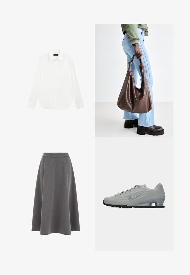 Gray knit sweater with long sleeves, ribbed cuffs, and hem. Round neckline with a relaxed fit and soft texture. No visible patterns or accents.; White button-up shirt with a classic collar, long sleeves, and rounded hem. Smooth fabric and subtle sheen, featuring a central button placket.; Gray A-line skirt with a smooth texture, pleated design, and a fitted waist. Fabric appears lightweight and drapes softly.; Side view of a light gray Nike sneaker with laces, a swoosh logo, and a transparent cushioning sole on a plain background.; Brown woven leather tote bag with knotted handles, carried by a person in light blue jeans and black chunky shoes. Smooth, textured surface.
