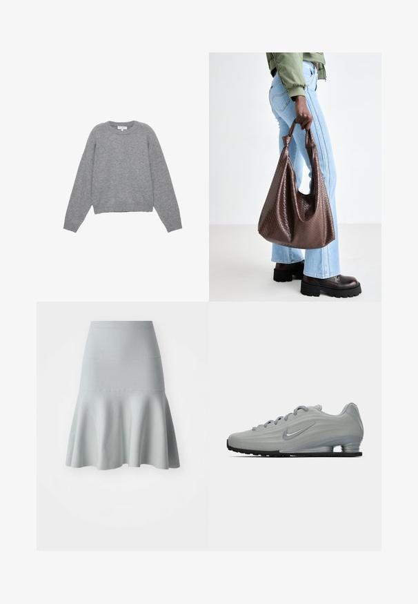 Šedý pletený svetr s dlouhými rukávy, žebrovanými manžetami a lemem. Kulatý výstřih s uvolněným střihem a jemnou texturou. Žádné viditelné vzory ani akcenty.; Bílé pře oversized tričko vyrobené z měkké bavlny. Má krátké rukávy, kulatý výstřih a volný střih bez viditelných vzorů nebo akcentů.; Svetle modrá áčková sukně vyrobená z texturované tkaniny. Má přiléhavý pas a měkký, vlnitý lem. Jednoduchý design bez vzorů.; Boční pohled na světle šedou Nike tenisku s tkaničkami, logem swoosh a průhlednou tlumící podrážkou na jednobarevném pozadí.; Hnědá tkaná kožená taška s uzlíkovými uchy, kterou nese osoba v světle modrých džínech a černých robustních botách. Hladký, texturovaný povrch.