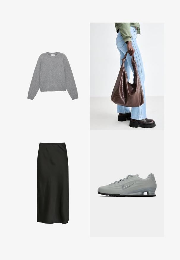 Pull en tricot gris avec manches longues, poignets côtelés et ourlet. Encolure ronde avec une coupe décontractée et une texture douce. Pas de motifs ou d'accents visibles.; T-shirt blanc oversize en coton doux. Il possède des manches courtes, un col rond et une coupe décontractée sans motifs ni accents visibles.; Jupe midi noire fabriquée en tissu lisse et léger. Présente un design simple avec une taille élastique et une légère brillance.; Vue latérale d'une sneaker Nike gris clair avec des lacets, un logo swoosh et une semelle de coussin transparent sur un fond uni.; Sac fourre-tout en cuir tissé marron avec des poignées nouées, porté par une personne en jean bleu clair et des chaussures noires épaisses. Surface lisse et texturée.