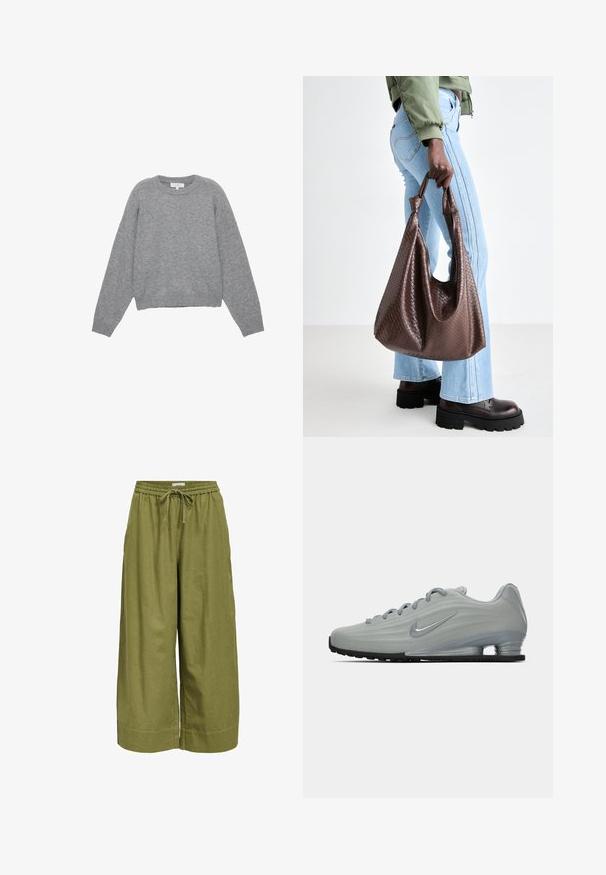 Maglione grigio a maglia con maniche lunghe, polsini e orlo a coste. Collo rotondo con una vestibilità comoda e una texture morbida. Nessun motivo o dettaglio visibile.; T-shirt bianco oversize realizzata in morbido cotone. Caratterizzata da maniche corte, un colletto tondo e una vestibilità rilassata senza modelli o dettagli visibili.; Pantaloni larghi verdi realizzati in tessuto leggero, con una vita elastica dotata di cordino e una finitura liscia e senza texture.; Vista laterale di una sneaker Nike grigia chiara con lacci, logo swoosh e suola con ammortizzazione trasparente su uno sfondo neutro.; Borsa tote in pelle intrecciata marrone con manici annodati, portata da una persona in jeans blu chiaro e scarpe nere robuste. Superficie liscia e strutturata.