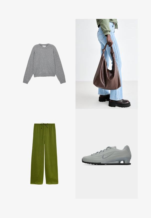 Gray knit sweater with long sleeves, ribbed cuffs, and hem. Round neckline with a relaxed fit and soft texture. No visible patterns or accents.; White oversized t-shirt made of soft cotton. Features short sleeves, a round neckline, and a relaxed fit with no visible patterns or accents.; Green, wide-leg pants made of lightweight fabric, featuring a drawstring waist and a subtle textured pattern throughout.; Side view of a light gray Nike sneaker with laces, a swoosh logo, and a transparent cushioning sole on a plain background.; Brown woven leather tote bag with knotted handles, carried by a person in light blue jeans and black chunky shoes. Smooth, textured surface.