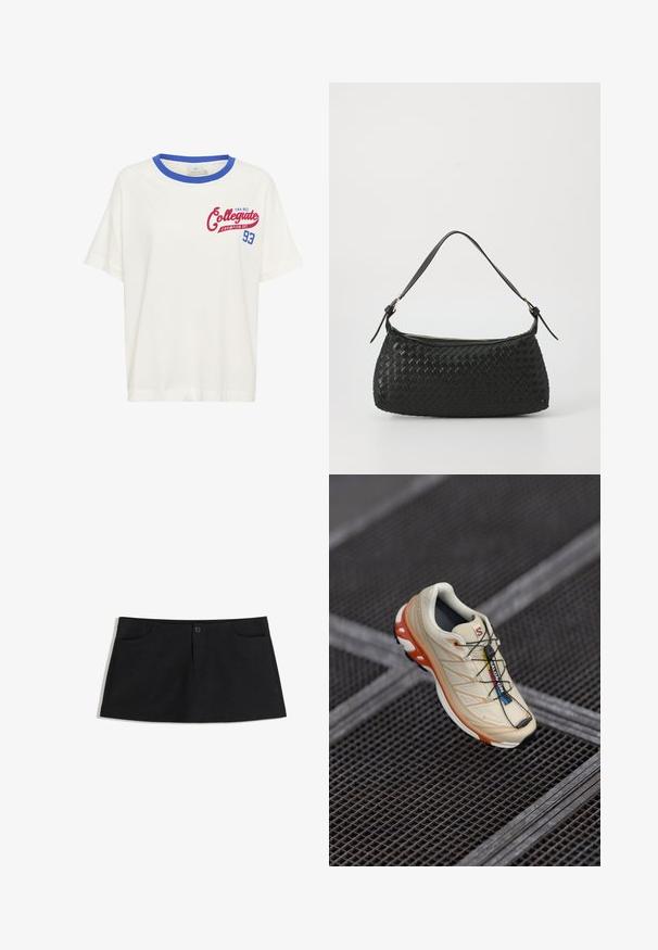 Pull en tricot gris avec manches longues, poignets côtelés et ourlet. Encolure ronde avec une coupe décontractée et une texture douce. Pas de motifs ou d'accents visibles.; T-shirt en coton blanc avec un col côtelé bleu et un imprimé rouge "Collegiate Champion Est. 93" sur le devant. Manches courtes.; Jupe noire, longueur genou, en tissu doux. Dispose de deux poches avant et d'une fermeture à un bouton à la taille.; Baskets de course beiges avec des accents orange, conçues avec un dessus texturé, une semelle extérieure noire et des lacets intégrés. Présente un logo GORE-TEX.; Sac à épaule tissé noir avec une bandoulière en cuir lisse et une fermeture éclair. Présente une surface texturée et une forme courbée.