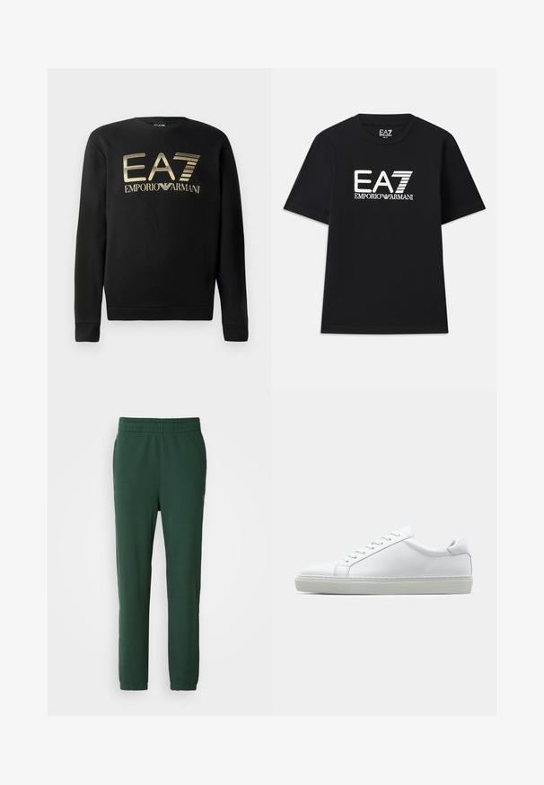 Zwart sweatshirt met ronde hals, voorzien van het gouden EA7 Emporio Armani-logo op de borst. Zachte stof met geribbelde mouwen en onderrand.; Zwarte T-shirt van katoen, met een ronde hals en korte mouwen. Geborduurd logo "EA7 EMPORIO ARMANI" in het wit op de voorkant.; Groene joggerbroek van zachte katoen. Voorzien van een elastische tailleband en taps toelopende benen, met een klein logo aan de onderkant.; Witte sneaker met een gladlederen bovenwerk en een laag profiel. Voorzien van een ronde neus, zes vetergaatjes en een gestructureerde rubberen zool.