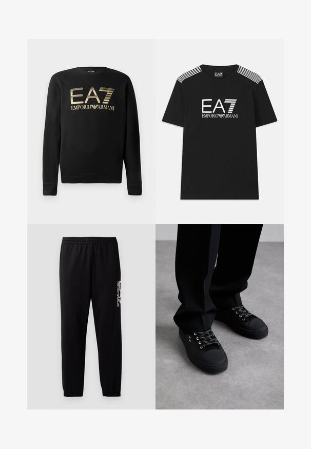 Černá mikina s kulatým výstřihem, s výrazným zlatým logem EA7 Emporio Armani na hrudi. Měkká tkanina s žebrovanými manžetami a lemem.; Černé bavlněné tričko s bílým logem EA7 a textem 'Emporio Armani'. Tři bílé pruhy na ramenou zvyšují atraktivitu designu.; Černé sportovní kalhoty vyrobené z hladkého materiálu, s elastickým pasem a manžetami, a s kontrastním logem potištěným na boku.; Černé tenisky mají svršek z prodyšné síťoviny, gumové špičky, kovové očka a kontrastní tkaničky. Jsou spárovány s černými kalhotami na šedém povrchu.