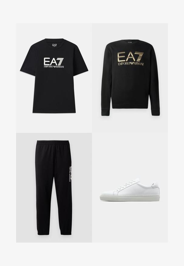 Černá mikina s kulatým výstřihem, s výrazným zlatým logem EA7 Emporio Armani na hrudi. Měkká tkanina s žebrovanými manžetami a lemem.; Černé tričko z bavlny s kulatým výstřihem a krátkými rukávy. Vyšívané logo "EA7 EMPORIO ARMANI" v bílé barvě na přední straně.; Černé sportovní kalhoty vyrobené z hladkého materiálu, s elastickým pasem a manžetami, a s kontrastním logem potištěným na boku.; Bílé tenisky s hladkým koženým svrškem a nízkým profilem. Mají zaoblenou špičku, šest nýtů a texturovanou gumovou podrážku.