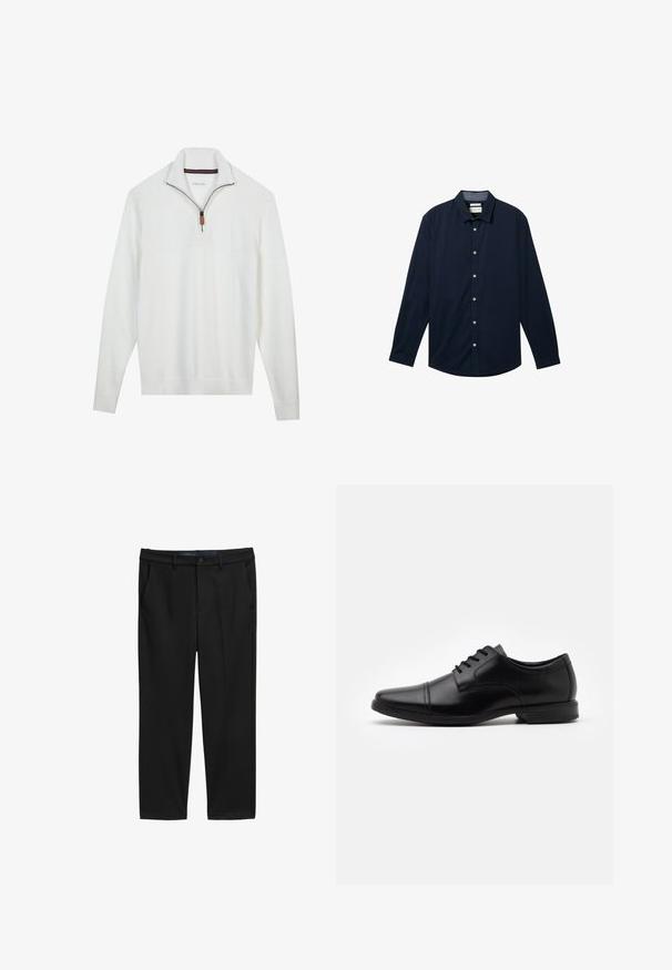 Pull en laine blanc avec un col zippé mi-long, section supérieure texturée, motif en maille et poignets et ourlet côtelés. Détail en cuir marron sur la tirette du zip.; Chemise à manches longues bleu marine en tissu lisse, avec un devant à boutons, un col classique et des boutons blancs.; Pantalon noir à coupe droite, fabriqué en tissu texturé. Comprend deux poches avant et une fermeture à bouton à la taille.; Chaussure habillée en cuir noir avec un bout pointu, un design à lacets, des détails de couture subtils et une semelle en caoutchouc texturée, basse.