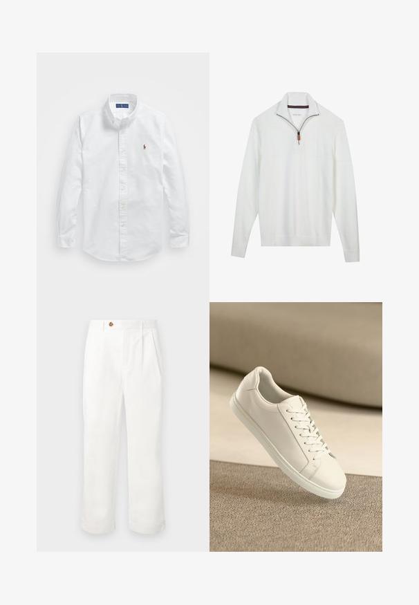 Biały sweter z kołnierzem na pół suwak, teksturowana górna część, wzór dzianiny oraz ściągacze na mankietach i u dołu. Brązowy skórzany detal na suwaku.; Biała bawełniana koszula zapinana na guziki z klasycznym kołnierzykiem, długimi rękawami i małym haftowanym logo na lewej piersi.; Białe bawełniane spodnie o prostym kroju, z dwoma frontowymi zakładkami, pojedynczym zapięciem na guzik i kieszeniami bocznymi. Gładka tekstura.; Białe skórzane sneakersy z białymi sznurówkami, wyeksponowane na beżowej teksturowanej powierzchni oraz z miękkim rozmytym tłem.