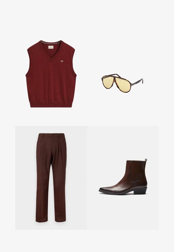 Rode mouwloze sweatervest met een V-hals, gemaakt van een zachte breimateriaal. Beschikt over een klein geborduurd logo op de borst en ribgebreide randen.; Witte lange mouwen shirt van soepel katoen, met een klassieke kraag, volledige knoopsluiting en knoopmanchetten. Minimalistisch ontwerp.; Bruine, geplooide broek van gestructureerde stof. Voorzien van een knoopsluiting en een relaxed fit, met een lichte tapering naar de enkels.; Bruine leren enkelboot met een spitse neus, elastische zijpanelen, textuurdetails aan de voorkant en een lage gestapelde hak.; Schildpad zonnebril met gele lenzen. Pilootvorm met dubbele brug en metalen accenten. Glad oppervlak en slank ontwerp.; Bordeaux stropdas met een diagonale patroon van blauwe lijnen en kleine gele en zwarte wapenontwerpen. Geweven stof met een spitse punt.