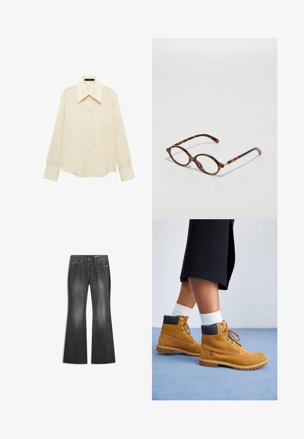 Brown and mint green argyle-patterned sweater made of soft fabric, featuring a ribbed crew neck and long sleeves.; Light cream blouse made of smooth fabric, featuring a classic collar, button front, and long sleeves with rounded cuffs.; Flared dark gray denim jeans with a faded design, multiple pockets, and a button closure. Features sturdy stitching and a classic style.; Tan suede ankle boots with brown leather accents, gold eyelets, and a textured sole. White socks visible above the boots.; Tortoiseshell eyeglasses with oval frames, clear lenses, and gold accents. Features curved temples and a smooth, glossy finish.; Red glossy leather handbag with a triangular shape, wide top opening, and a single curved handle. Smooth texture with minimal stitching details.