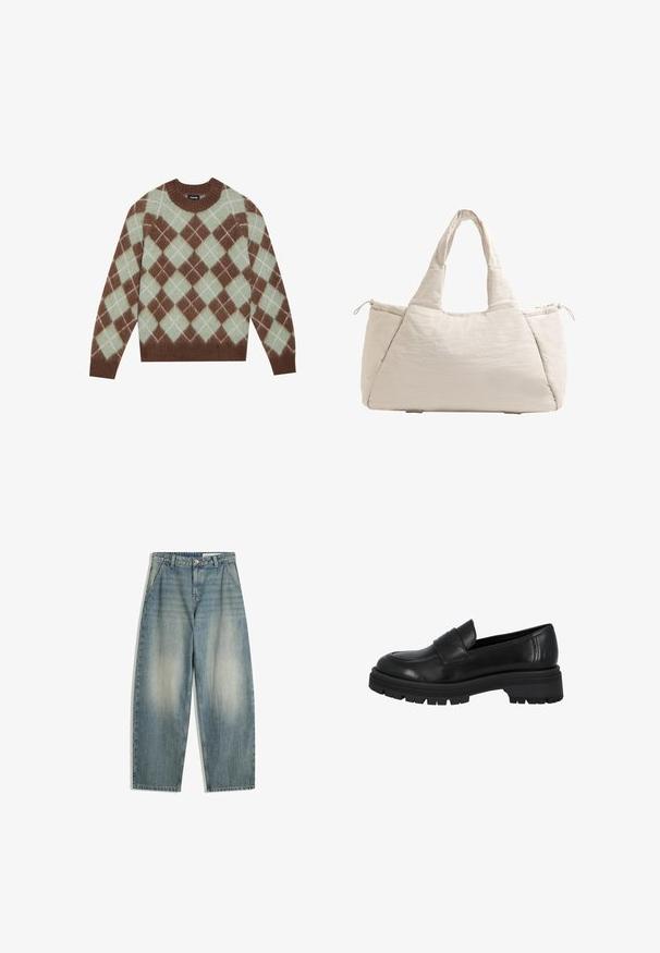 Maglione marrone e verde menta con motivo argyle, realizzato in morbido tessuto, dotato di un collo girocollo a coste e maniche lunghe.; Jeans larghi blu sbiaditi con tasche frontali, passanti per cintura, chiusura con zip e bottone, distesi su uno sfondo bianco.; Mocassini in pelle nera con punta tondeggiante, dettaglio anteriore con fascia accentuata e suola in gomma spessa e robusta. Texture liscia e design minimalista.; Borsa a tote beige trapuntata con due manici, forma arrotondata, tessuto testurizzato e tasca laterale con coulisse. Finitura liscia, design minimale.