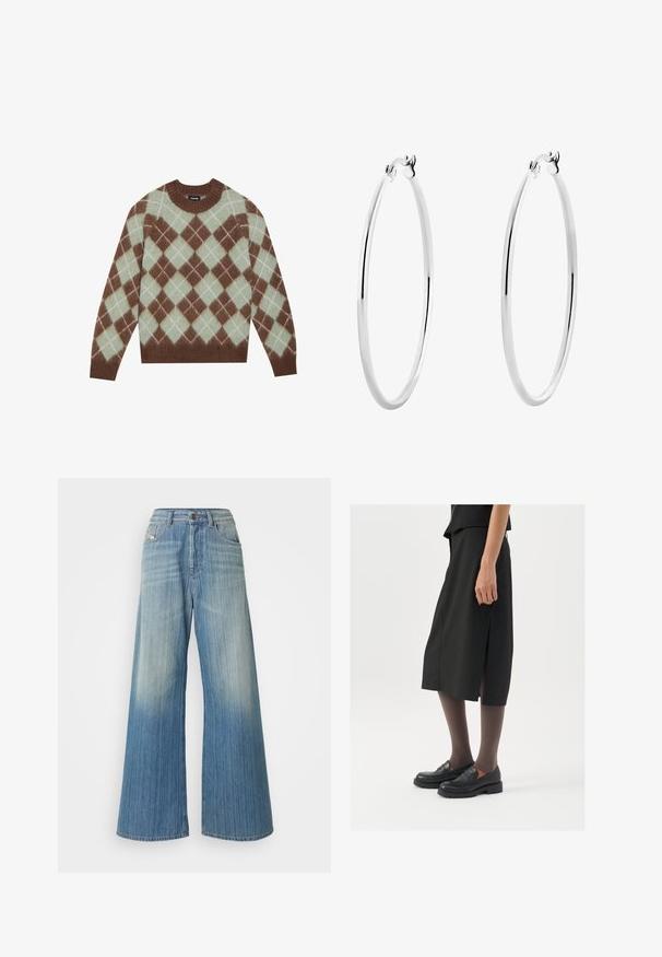 Ruskea ja mintunvihreä varsiluokkakuosisweater, joka on valmistettu pehmeästä kankaasta. Siinä on ribbireunainen pyöreä pääntie ja pitkät hihat.; Diesel 1996 D-SIRE - Leveälahkeiset - 01; Mustat polvenpituinen hame, jossa on sivuaukko, yhdistettynä mustiin loafer-kengiin ja ohuisiin ruskeisiin sukkahousuihin. Hameessa on sileä kangas ja yksinkertainen muotoilu.; Hopehope hopehope hopehope hopehope hopehope, joka on sileä ja kiillotettu pinta ja ohut, pyöreä muoto. Muotoilu sisältää turvallisen lukituksen.