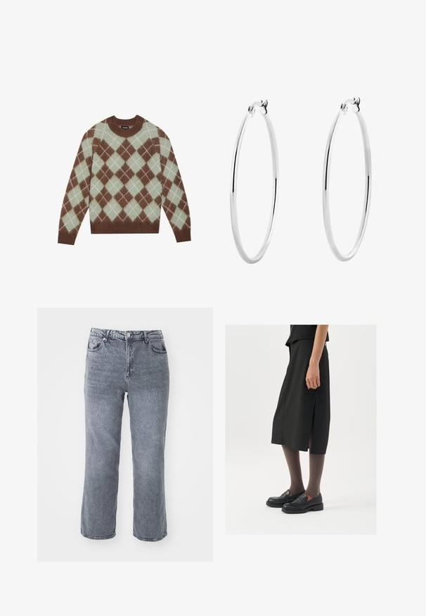 Maglione marrone e verde menta con motivo argyle, realizzato in morbido tessuto, dotato di un collo girocollo a coste e maniche lunghe.; Jeans grigi alti in vita realizzati in denim, con taglio dritto, doppie tasche anteriori e una tasca posteriore singola con un leggero sbiadimento.; Gonna nera alla lunghezza del ginocchio con spacco laterale, abbinata a mocassini neri e collant trasparenti marroni, caratterizzata da un tessuto liscio e un design semplice.; Orecchini a cerchio in argento con una superficie liscia e lucida e una forma circolare sottile. Il design presenta una chiusura sicura.