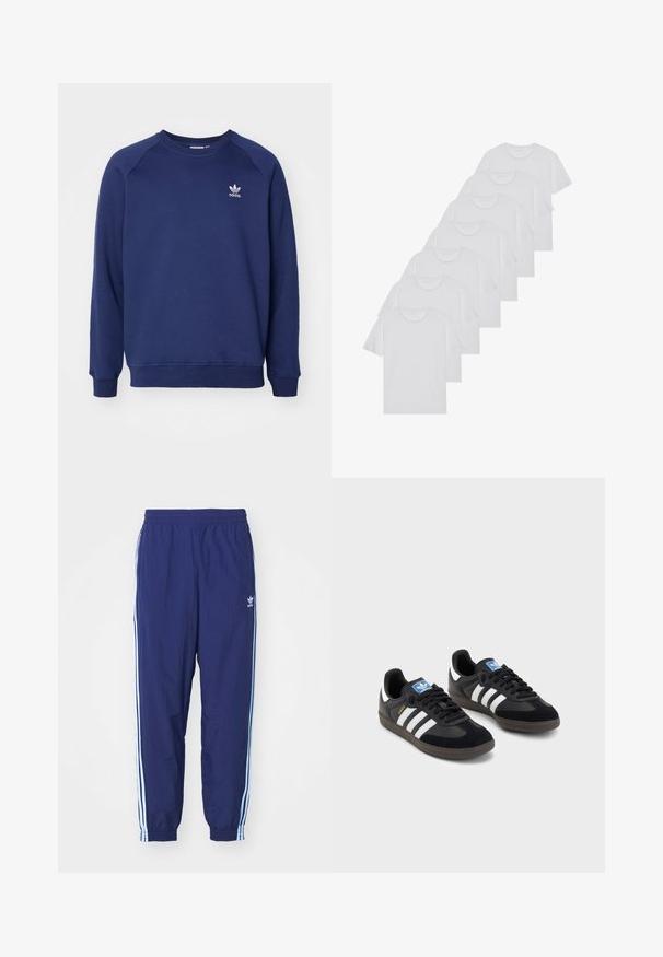 Jūras zila sporta krekls, kas izgatavots no mīksta auduma, ar apaļu kakla izgriezumu, raglanu piedurknēm un mazu balto adidas logo uz krūtīm.; Baltie kokvilnas T-krekli, īsas piedurknes, apaļas izgriezuma dizains, vienkārša tekstūra, sakrauti rindā, ar smalku zīmolu pie kakla izgriezuma.; Tumši zili sporta bikses ar elastīgu jostasvietu, sānu kabatām un gaiši ziliem svītrainiem sānos; izgatavotas no viegla auduma.; Melnas sporta apavas ar zamšādas un sintētisku augšdaļu, ar trim baltām svītrām, teksturētu gumijas zoli un zilu logo birku uz mēles.