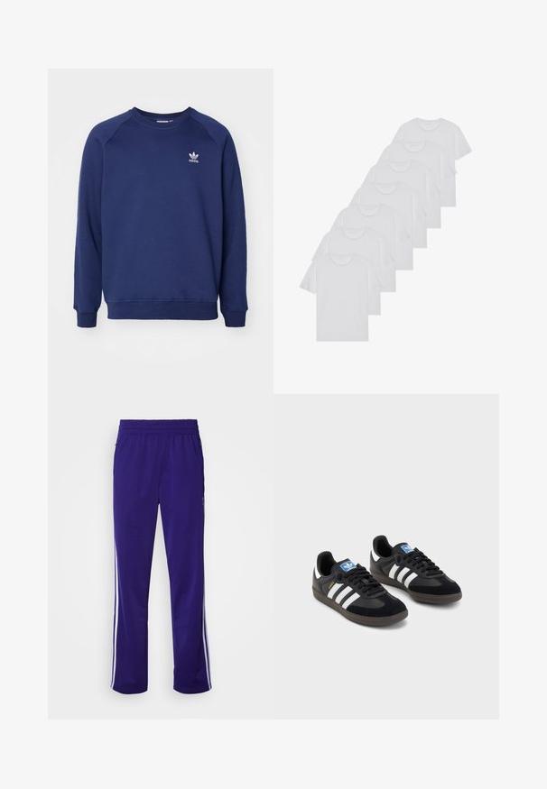 Temno modra jopica iz mehkega materiala, z okroglim izrezom, raglan rokavi in majhnim belim adidas logotipom na prsi.; Beli bombažni T-majici, kratki rokavi, krožni izrez, enostavna tekstura, zloženi v vrsto, s subtilnim logotipom na vratu.; Vijolične športne hlače s širokim elastičnim pasom, ki imajo bele stranske črte in gladko, sintetično teksturo.; Črne športne copate z zgornjim delom iz semiša in sintetičnih materialov, ki imajo tri bele črte, teksturiran gumijast podplat in modro označevalno oznako na jeziku.