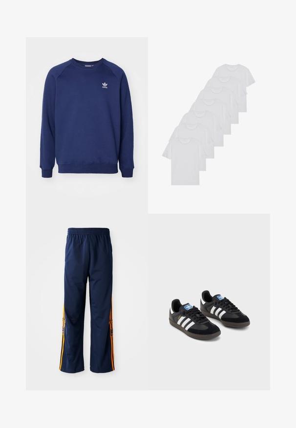 Marinblå sweatshirt i mjukt tyg, med rundad halsringning, raglanärmar och en liten vit adidas-logotyp på bröstet.; Vita bomull T-shirts, korta ärmar, rundad halsdesign, slät textur, staplade i en rad, med subtil branding vid halsringningen.; Mörkblå träningsbyxor med orange ränder och Adidas-logotyp på sidorna, med elastisk midja och rak benmodell.; Svarta sneakers med övre del av mocka och syntetmaterial, med tre vita ränder, texturerad gummisula och blå logotags på tungan.