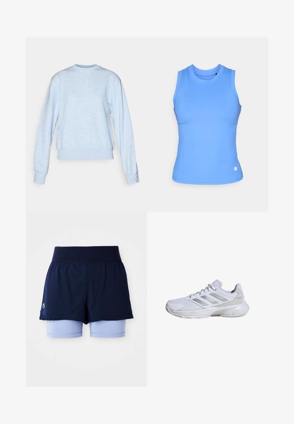 Sweatshirt de tom azul claro, feito de um tecido macio. Apresenta um decote redondo, mangas compridas e um acabamento canelado na bainha, com um logótipo discreto no centro.; Top sem mangas azul claro feito de algodão elástico. Decote redondo, design ajustado, textura suave e pequeno logótipo na bainha inferior direita.; Saia de ténis plissada azul-marinho com calções justos azul-claro por baixo e uma cintura larga em ribana.; Shoe desportivo branco com parte superior de malha respirável, detalhes prateados, sola acolchoada e sistema de atilho seguro. Painéis texturizados nos lados.