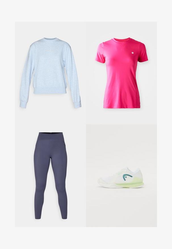 Light blue sweatshirt made of soft fabric. Features a round neck, long sleeves, and a ribbed hem, with a subtle logo in the center.; Short-sleeve, round-neck t-shirt in bright pink fabric, featuring a small white logo on the left chest area and a smooth texture.; High-waisted leggings in a solid dark gray color. Made from stretchy fabric with flatlock seams and a fitted, tapered leg design.; White athletic shoe with mesh upper and rubber sole, accented by a green heel and light blue details, featuring a streamlined design.