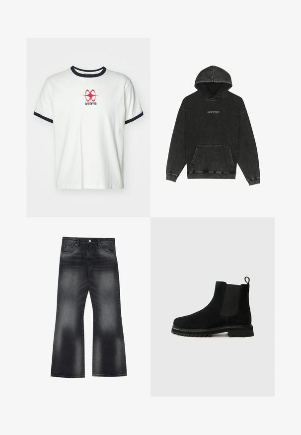 Sort hættejakke med en falmet finish, frontlomme og snøre til hætten. Har et minimalistisk "URTRN" logo på brystet. Materiale i bomuldsblend.; Hvid bomulds t-shirt med korte ærmer, marineblå ribbet crew neck, og et rødt grafisk design på brystet med ordet "BEATS."; Sorte denim flared jeans med en falmet vask, fem lommer og kontrastsyning, med en let bred benåbning.; Sorte Chelsea-støvler lavet af ruskind. Har elastiske sidepaneler og en slæbetab. Tykk gummisål med struktureret mønster.