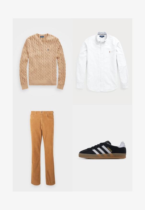 Bež pulover iz kabelskega pletenja z okroglim izrezom, z rebrastimi manšetami in robom, ki ima na prsih majhen modri logotip. Mehka tekstura.; Bela srajca z dolgimi rokavi in gumbi, izdelana iz bombaža. Ima razprostran ovratnik, gumb zapiranje ter majhen vezen logotip na prsih.; Svetlo rjave kordaste hlače s klasičnim dizajnom petih žepov in z gumbom na zapiranju, prikazane na beli podlagi.; Črne suede teniske z belimi črtami, svetlo rjavim gumijastim podplatom in zlatim logotipom "Gazelle". Klasična nizka zasnova, ki vključuje teksturirano zgornji del.