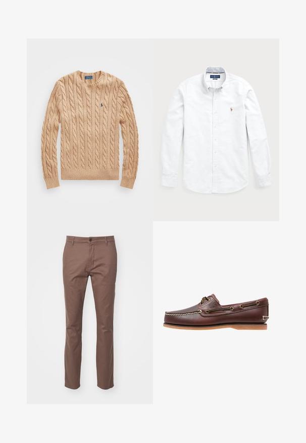 Bež pulover iz kabelskega pletenja z okroglim izrezom, z rebrastimi manšetami in robom, ki ima na prsih majhen modri logotip. Mehka tekstura.; Bela srajca z dolgimi rokavi in gumbi, izdelana iz bombaža. Ima razprostran ovratnik, gumb zapiranje ter majhen vezen logotip na prsih.; Rjave hlače iz mešanice bombaža s ravnim krojem, stranskimi žepi in sprednjim gumbom za zapiranje. Gladka tekstura in minimalni šivi.; Rjavi usnjeni čolnar s belim šivanjem, rjavimi vezalkami in svetlo rjavim gumijastim podplatom. Ima logo na strani in kovinske luknje za vezalke.