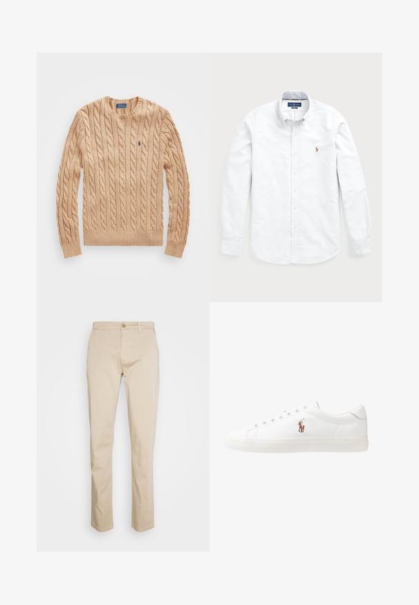 Béžový sveter s pleteným vzorom a okrúhlym výstrihom, s rebrovanými manžetami a spodným lemom, s malým modrým logom na hrudi. Mäkká textúra.; Biela košeľa s dlhým rukávom a gombíkmi vyrobená z bavlny. Má rozšírený golier, zapínanie na gombíky a malé vyšívané logo na hrudi.; Béžové bavlnené chinos s rovnými nohavicami, s gombíkovým zapínaním a jemnou textúrou. Žiadne viditeľné vzory alebo akcenty.; Biele kožené tenisky s nízkym strihom, s hladkou textúrou, okrúlym špičkou, šnurovaním vpredu a malým vyšitým logom na boku.