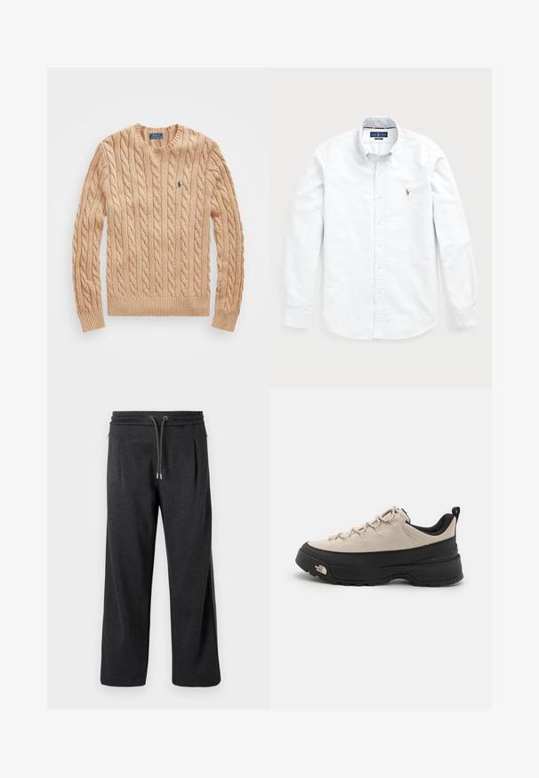 Bež pulover iz kabelskega pletenja z okroglim izrezom, z rebrastimi manšetami in robom, ki ima na prsih majhen modri logotip. Mehka tekstura.; Bela srajca z dolgimi rokavi in gumbi, izdelana iz bombaža. Ima razprostran ovratnik, gumb zapiranje ter majhen vezen logotip na prsih.; Temno sivi joggeri z mehko teksturo, elastičnim pasom, zavezovanjem in stranskimi šivi s kontrastnimi poudarki. Širok kroj.; Bež usnjeni planinski čevlj z črnim gumijastim podplatom, teksturiranimi detajli in odbojnimi vezalkami. Ima zanka za lažje obuvanje.