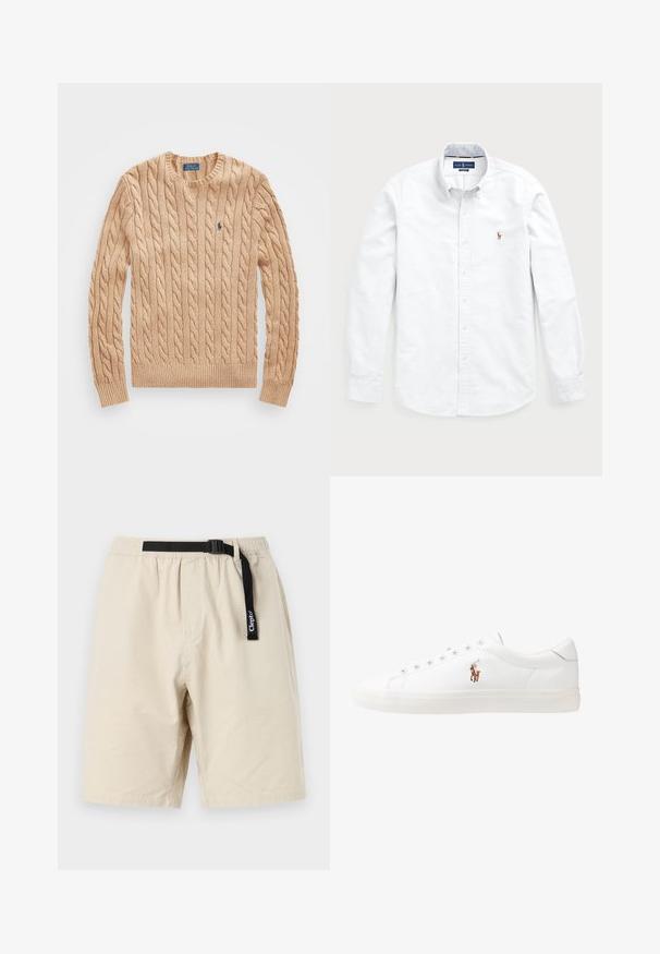 Pull en maille beige à col rond, avec des poignets et un ourlet côtelés, arborant un petit logo bleu sur la poitrine. Texture douce.; Chemise blanche à manches longues, boutonnée, en coton. Elle se distingue par un col évasé, une fermeture à boutons et un petit logo brodé sur la poitrine.; Shorts beiges avec une taille élastique et une ceinture noire réglable. Fabriqués dans un tissu léger, présentant un design simple et une coupe droite.; Baskets en cuir blanc, design bas, avec une texture lisse, bout rond, lacets à l'avant et un petit logo brodé sur le côté.