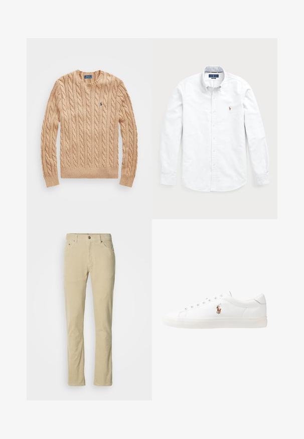Beige cable-knit sweater with a crew neckline, ribbed cuffs and hem, featuring a small blue logo on the chest. Soft texture.; White long-sleeve button-up shirt made of cotton. Features a spread collar, button closure, and a small embroidered logo on the chest.; Beige corduroy pants with front button, zipper closure, five pockets, and straight-leg cut against a plain white background.; White leather sneakers, low-top design, featuring a smooth texture, round toe, laced front, and a small embroidered logo on the side.