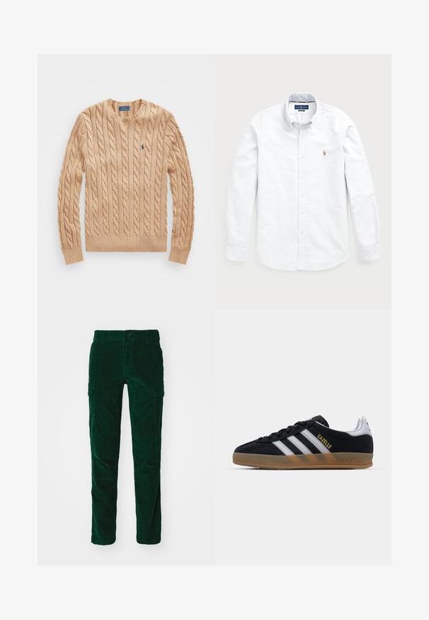 Pulover bej din tricot cu model de întors, cu guler rotund, manșete și tiv cu nervuri, având un mic logo albastru pe piept. Textură moale.; Cămașă albă cu mânecă lungă și nasturi, fabricată din bumbac. Are un guler deschis, închidere cu nasturi și un mic logo brodat pe piept.; DOCKERS SLIM TAPERED - Pantaloni cargo - deep forest; Sneaker din suede negru cu dungi albe, talpă din cauciuc bej și logo-ul auriu "Gazelle". Design clasic de tip low-top, cu un material superior texturat.