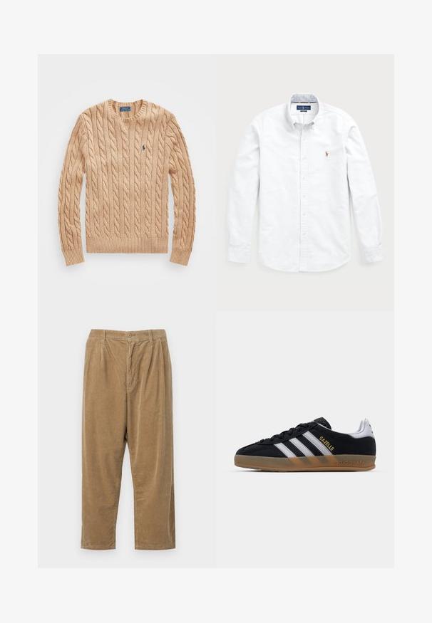 Beige színű kötött pulóver kerek nyakkivágással, bordázott mandzsettákkal és aljjal, amelyen egy kis kék logó található a mellrészen. Puha tapintású.; Fehér, hosszú ujjú, gombos ing, pamutból készült. Széles gallérral, gombos záródással és egy kis hímezett logóval rendelkezik a mellkasán.; Világosbarna kordbársony nadrág, textúrált bordás mintával, gombos záródással és lazább szabással.; Fekete velúr sportcipő fehér csíkokkal, bézs gumitalppal és arany "Gazelle" logóval. Klasszikus alacsony felső kialakítás, texturált felsőrészzel.