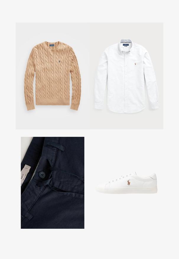 Beige neulepusero, jossa on pyöreä kaula-aukko, ribbaus hihansuissa ja helmassa, ja joka sisältää pienen sinisen logon rinnassa. Pehmeä rakenne.; Valkoinen pitkähihaista nappipaitaa, joka on valmistettu puuvillasta. Ominaisuuksiin kuuluu avara kaulus, nappisulku ja pieni brodeerattu logo rinnassa.; Tummansininen housut, joissa on sileä pinta, napin suljenta, nyöri ja merkki. Ompeleet vyötärökoristuksessa.; Valkoiset nahkakengät, matala malli, jossa on sileä pinta, pyöreä kärki, nauhakiinnitys edessä ja pieni brodeerattu logo sivulla.