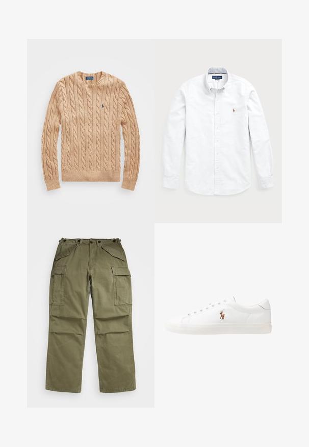 Beżowy sweter z dzianiny w warkocze, z okrągłym dekoltem, ściągaczami na rękawach i u dołu, z małym niebieskim logo na piersi. Miękka faktura.; Biała koszula z długim rękawem, zapinana na guziki, wykonana z bawełny. Posiada kołnierz typu spread, zapięcie na guziki oraz małe haftowane logo na piersi.; Oliwkowe spodnie cargo wykonane z teksturowanej tkaniny, posiadające liczne kieszenie z przodu i z boku oraz wzmocnione szwy.; Białe skórzane sneakersy, niskoprofilowy design, charakteryzujące się gładką fakturą, okrągłym noskiem, sznurowanym przodem i małym haftowanym logo z boku.
