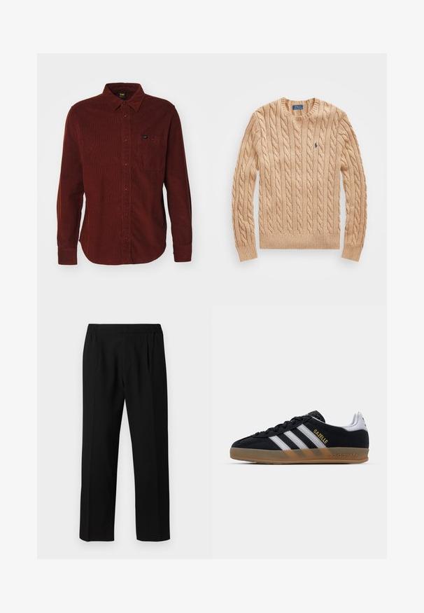 Beige kabelbreisel trui met een ronde hals, geribde manchetten en onderrand, met een klein blauw logo op de borst. Zachte textuur.; Rode corduroy overhemd met lange mouwen, knoopsluiting bij de kraag, een borstzak en subtiele ribbeltextuur. Merkenlabel zichtbaar op de zak.; Zwarte broeken van een gladde stof, met een elastische tailleband, recht model en twee plooien aan de voorkant voor extra detail.; Zwarte suède sneaker met witte strepen, beige rubberen zool en gouden "Gazelle" logo. Klassiek low-top ontwerp, met een textuur bovenlaag.