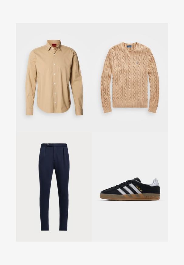 Maglione beige a treccia con collo a giro, polsini e orlo a costine, con un piccolo logo blu sul petto. Tessuto morbido.; Camicia beige a maniche lunghe in cotone, con colletto button-down, bottoni frontali e un'etichetta rossa sul lato. Texture liscia.; Pantaloni eleganti blu navy con fronte piatto, due pince anteriori e chiusura con un bottone, realizzati in un tessuto liscio e con una texture.; Sneaker in suede nera con strisce bianche, suola in gomma color beige e logo "Gazelle" dorato. Design classico a bassa altezza, con una parte superiore testurizzata.