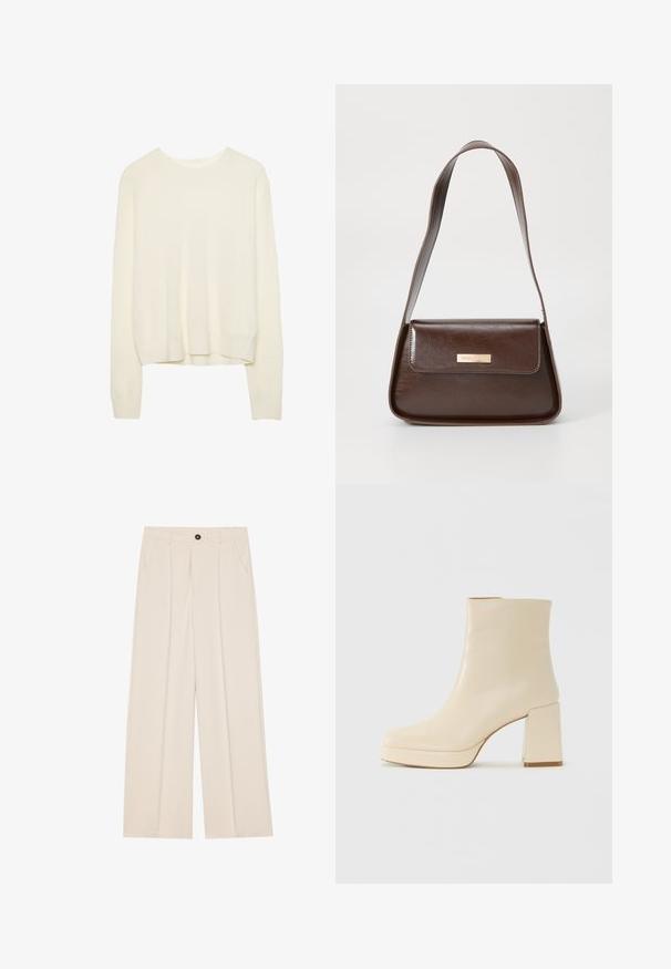Sweter z długim rękawem w kolorze kremowym, z okrągłym dekoltem i prążkowanymi mankietami, z lekko skróconym dołem i luźnym krojem.; Spodnie o wysokim stanie i szerokich nogawkach z kremowego materiału, z dwoma bocznymi kieszeniami, jednym guzikiem z przodu oraz plisami z przodu dla dodatkowego efektu.; Beżowe skórzane botki za kostkę na niskim obcasie z platformą, o gładkim wykończeniu i lekko kwadratowym nosku, skierowane w lewo na białym tle.; Brązowa skórzana torba na ramię o wyraźnej formie, z magneticznym zapięciem w klapie i metalowym logo na przodzie.