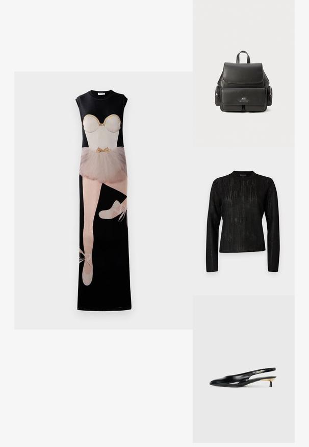 Čierna košeľa s dlhými rukávmi a textúrovaným pruhovaným dizajnom. Okrúhly výstrih a rovný strih, vyrobená z ľahkej, mierne priesvitnej látky.; Dlhé čierne šaty s grafikou baletnej tanečnice, béžovým korzetom, tylovou sukňou a baletnými topánkami, s jemnými zlatými akcentmi.; Čierne slingback lodičky s ostrou špicou, lesklým koženým povrchom a malým podpätkom s zlatým doplnkom. Elegantný dizajn s otvorenou zadnou časťou.; Čierny kožený batoh s klopou, prednou kapsou, bočnými zipsovými vreckami a hornou rukoväťou. Obsahuje detaily loga na prednej strane.