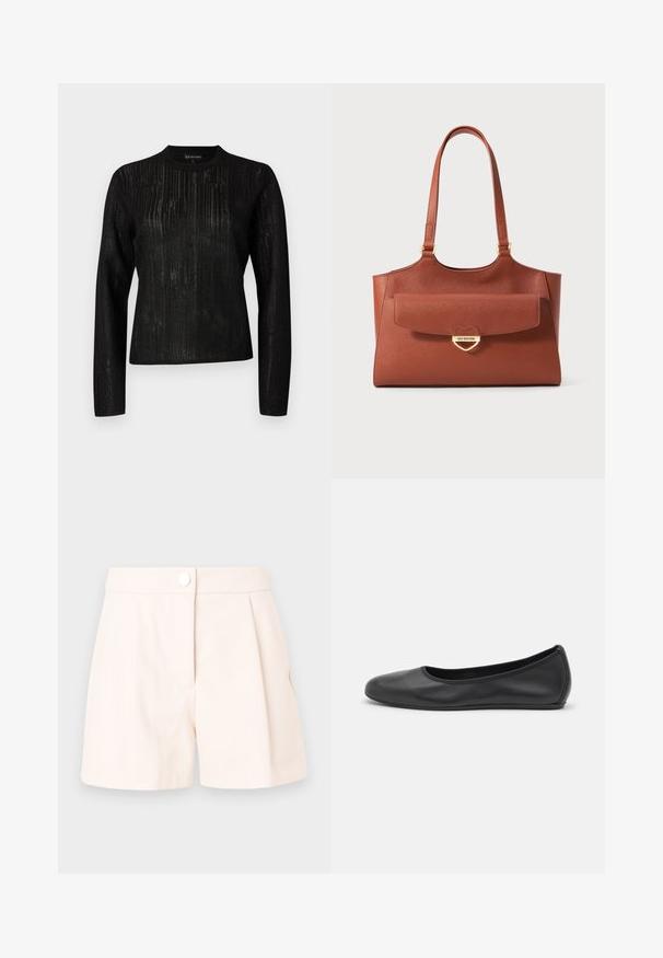 Black long-sleeve shirt with a textured striped design. Round neckline and a straight fit, made from a lightweight, slightly sheer fabric.; Beige pleated shorts made of lightweight fabric, featuring a button closure and clean, tailored lines. Smooth texture and minimal design.; Black leather ballet flat with a rounded toe, smooth texture, minimal stitching detail, and a flexible sole design.; Brown leather tote bag with long handles, front flap pocket, and gold heart-shaped clasp engraved with "Love Moschino."