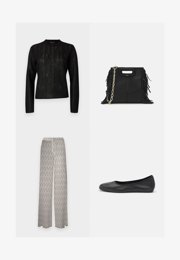 Juoda ilgomis rankovėmis marškinėliai su tekstūriniu dryžuotu raštu. Apvalus iškirpimas ir tiesus siluetas, pagaminti iš lengvos, šiek tiek permatomos medžiagos.; Platūs kelnių modeliai iš lengvos medžiagos, turintys pasikartojančią abstrakčią raštą žemiškose spalvose. Elastinga juosmens juosta patogumui, be papildomų detalių.; Juodai odiniai baletai su apvaliu pirštu, lygi texture, minimalus siuvimo detales ir lanksčiu padų dizainu.; Juodas odinis rankų darbo rankinys su frinzuotomis detalėmis, auksine grandinės petneša ir išpjauto dizaino rankena. Pirmoje pusėje yra logotipo vieta.