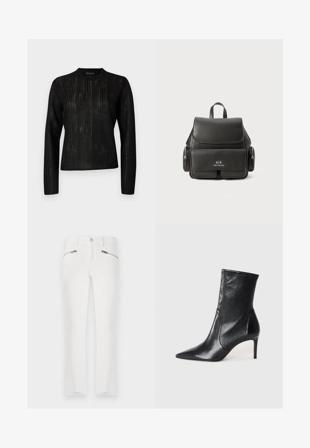 Zwarte lange mouwen shirt met een gestructureerd gestreept ontwerp. Ronde halslijn en een rechte pasvorm, gemaakt van een lichtgewicht, licht doorschijnende stof.; Witte jeans met een slim fit, voorzien van twee ritssluitingen aan de voorkant, een reguliere tailleband en licht beschadigde zoom. Gemaakt van denimstof.; Zwarte enkelboots van soepel leer, met een spitse neus, een aangesloten schacht en een slanke hoge hak. Minimalistisch ontwerp zonder zichtbare hardware.; Zwarte leren rugzak met een klepsluiting, voorvak, zijvak met ritssluitingen en een handvat aan de bovenkant. Met logo-details aan de voorkant.