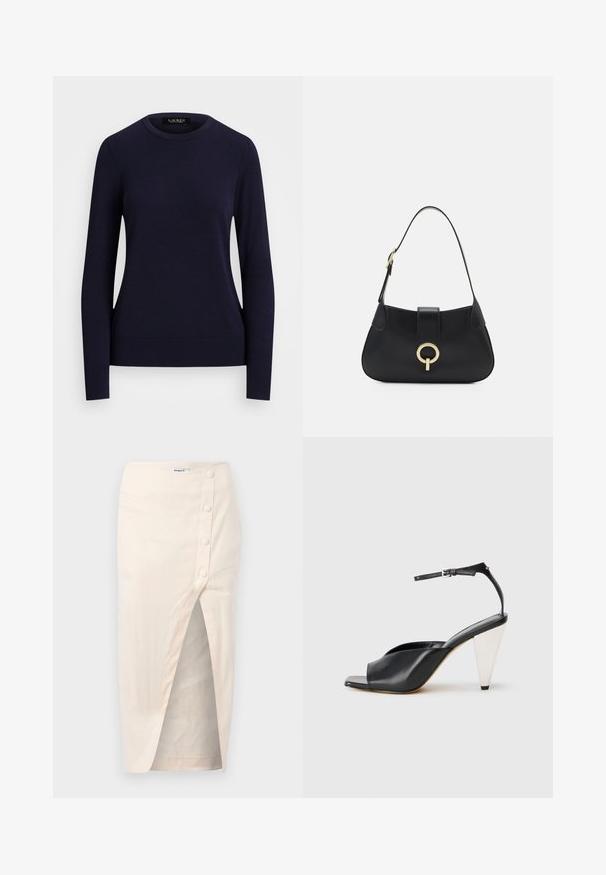 Marineblå strikket sweater med rund hals, lange ærmer, ribbede manchetter og kant, der har en glat tekstur og tætsiddende design.; Beige linned midi-nederdel med en frontslids, der har en knaplukning på venstre side og en lomme, glat tekstur.; Sort læder højhælede sandaler med åben tå, asymmetrisk design, ankelrem og en metallisk kegleformet hæl. Glat tekstur hele vejen igennem.; Sort læder håndtaske med en buet silhuet, kort rem, centralt guldfarvet hardware og glat tekstur. Ingen synlige mønstre eller accenter.