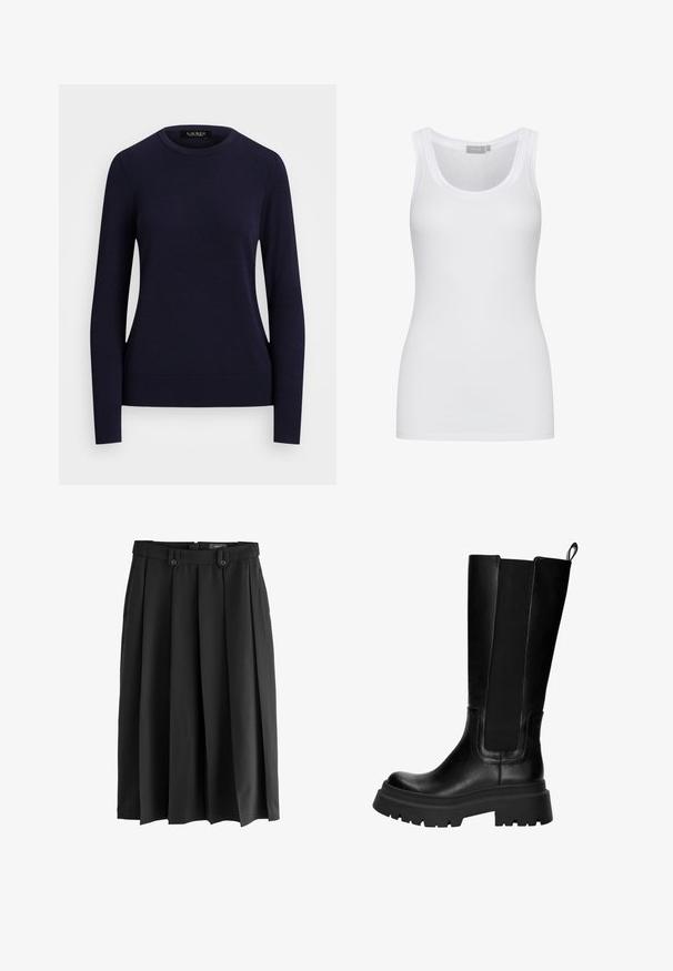 Námornícky modrý pletený sveter s okrúhlym výstrihom, dlhými rukávmi, žebrovanými manžetami a spodným lemom, s hladkou textúrou a priliehavým strihom.; Biely bavlnený tričko bez rukávov s okrúhlym výstrihom a priliehavým strihom. Obsahuje široké ramenné popruhy a hladkú textúru. Žiadne vzory ani akcenty nie sú viditeľné.; Čierna plisovaná sukňa vyrobená z hladkej látky, s vysokým pásom, dvoma prednými gombíkmi a splývavým strihom.; Čierne kožené čižmy po kolená s elastickými bočnými panelmi, pevnou gumovou podrážkou a masívnym podpätkom. Hladký povrch s minimálnym počtom švov.
