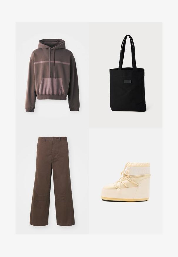 Rövid ujjú, oversized kapucnis pulcsi sötétbarna színben, világosbarna gradiencs csíkkal, elülső zsebbe és húzózsinórral. Puha pamut keverék anyag.; Barna, széles lábú nadrág tartós pamutból. Elülső zsebekkel és megerősített térddetálokkal rendelkezik a fokozott funkcionalitás érdekében.; Fény bézs színű Moon Boot, lekerekített orral, fűzőzárással és textúrált gumi talppal. Fehér márkázással és sima szintetikus anyagokkal rendelkezik.; Fekete vászontáska két füllel, sima tetejű, texturált felülettel és kis, domború logóval az elején.
