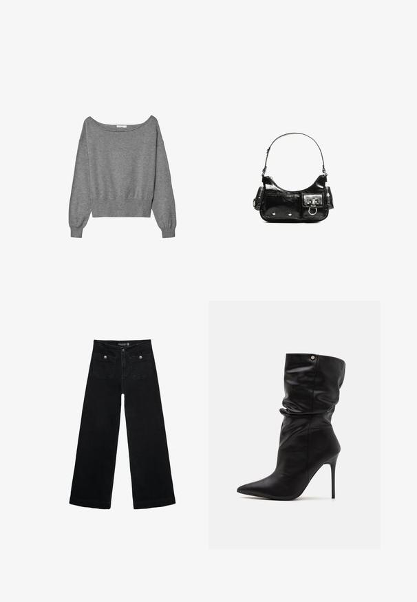 Grå kort tröja i mjukt tyg, med avskuren axel-design, långa ballongsärmar och ribbat nederkant.; Svart vida jeans med hög midja, med två framfickor och metalldetaljer i form av knappar. Tyget har en mjuk textur.; Even&Odd Wide Fit Klassiska stövletter - black; Svart lackläderhandväska med en rundad form, en axelrem, framfickor och detaljer i silverfärg.