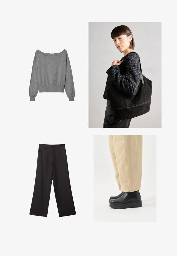 Grå kort tröja i mjukt tyg, med avskuren axel-design, långa ballongsärmar och ribbat nederkant.; Svarta vida byxor i slät väv, med dragkedja fram och två sidofickor, med skräddarsydd passform och minimalistisk design.; Svart läderankelstövlar med rund tå och plattformsåle. I kombination med beiga vida byxor med synliga sömsdetaljer.; Svart mocka tote-väska med en slät textur, strukturerad form och kontrasterande sömmar. Har långa bärremmar för axelbärande.