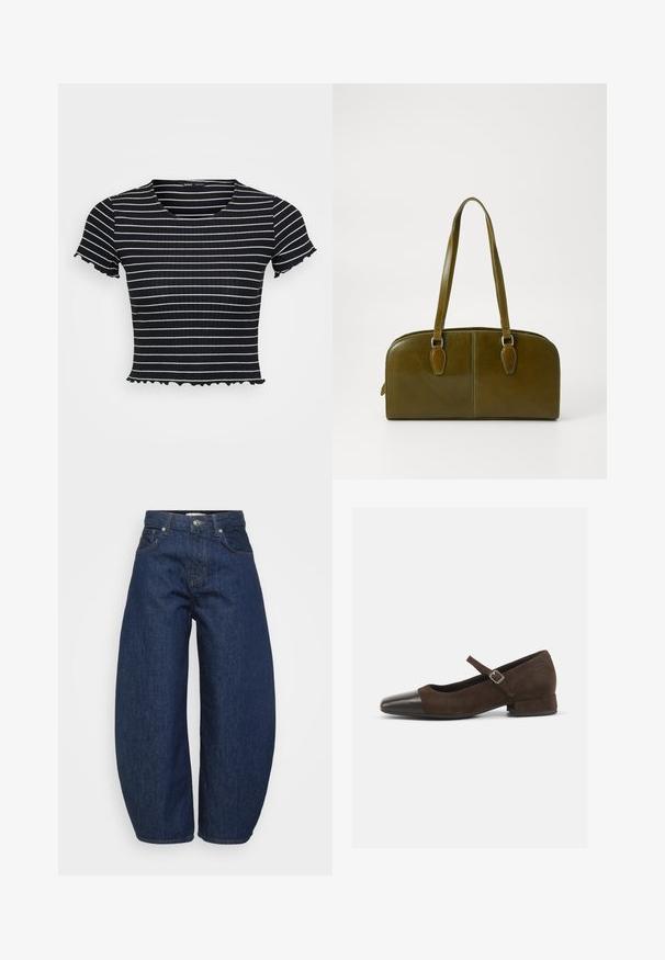 Pullover riscado em azul, branco e cinza com um design encurtado; apresenta punhos e bainha com acabamento canelado; feito de um material de malha suave.; Top de malha às riscas em preto e branco, com mangas curtas e com um corte justo, apresentando detalhes ondulados nas mangas e na bainha.; Jeans de ganga azul escura de cintura alta, com pernas largas, fecho frontal por botão e zipper, e design clássico de cinco bolsos.; Sapatilha Mary Jane em camurça castanha com biqueira em pele envernizada preta, tira ajustável e um salto bloco baixo. Textura suave com mínimos detalhes.; Mala de mão de couro verde-oliva com uma forma arredondada, alças duplas e frente sem costuras. Apresenta uma textura suave e detalhes de costura discretos.; Brinco de argola prateada com acabamento polido, apresentando pequenos detalhes em dourado e uma forma redonda, usado na orelha.