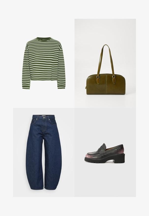 Striped pullover in blue, white, and gray with a cropped design; features ribbed cuffs and hem; made of soft knit material.; Green and white striped long-sleeve top with a round neckline and straight cut. Soft, textured fabric, featuring evenly spaced horizontal stripes.; Dark blue denim jeans with a wide, relaxed fit. Features a zip fly, four pockets, and contrasting stitching along seams.; Black leather loafers with a rounded toe, accent strap, and tonal gradient from black to dark pink at the heel. Features a chunky sole.; Olive green leather handbag with a rounded shape, dual handles, and seamless front. Features a smooth texture and subtle stitching details.; Silver hoop earring with a polished finish, featuring small gold accent details and a round shape, worn on the lobe.