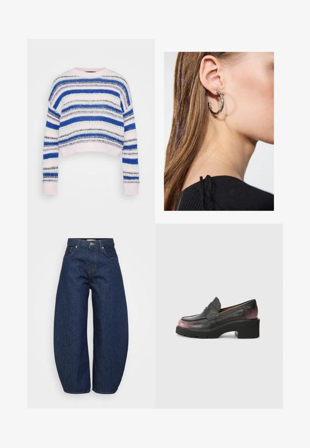 Stripete genser i blått, hvitt og grått med en kortet design; har ribbestrikkede mansjetter og kant; laget av mykt strikkemateriale.; Mørkeblå høytalende denimjeans med vide ben, frontknap og glidelås, samt klassisk femlommers design.; Svarte skinnloafers med rund tå, dekorativ stropp og tonalt gradient fra svart til mørk rosa på hælen. Har en kraftig såle.; Sølv ringøredob med en polert finish, med små gull detaljer og en rund form, båret på øreflippen.